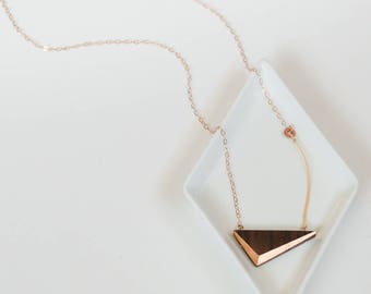 Gilded Triangle Necklace // Walnut Wood and Copper Geometric Necklace - asymmetrical minimal LONG 24"