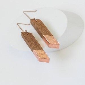 Gilded Mahogany Angle Earrings // Lightweight Wood Copper Leaf Accents, Rose Gold Geometric Drop Dangle image 5