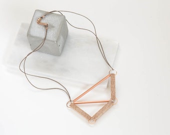 Pipe + Frame // Geometric Oak Wood and Copper Necklace - architectural, minimal, structural, industrial, modern design