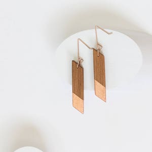 Gilded Mahogany Angle Earrings // Lightweight Wood + Copper Leaf Accents, Rose Gold Geometric Drop Dangle