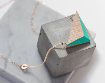 Aqua Wooden Triangle Necklace // Geometric Oak Design with Faceted Edges of Ocean Blue + Rose Gold - asymmetrical minimal SHORT 19.5"