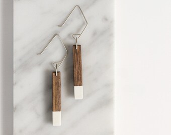 White Wooden Bar Earring // Walnut Wood + White Tipped Geometric Earrings with Silver - modern minimal