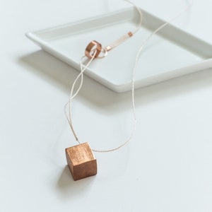 Gilded Geometric Cube Necklace // Mahogany Wood with Copper Leaf, Soft Cord and Copper 100% Hand-Crafted image 2