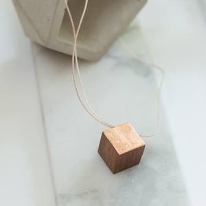 Gilded Geometric Cube Necklace // Mahogany Wood with Copper Leaf, Soft Cord and Copper 100% Hand-Crafted image 5