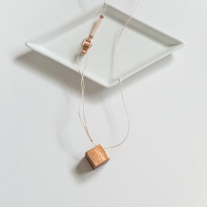 Gilded Geometric Cube Necklace // Mahogany Wood with Copper Leaf, Soft Cord and Copper 100% Hand-Crafted image 7