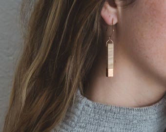 Gilded Oak Bar Earrings // Lightweight Wood + Copper Leaf Accents, Rose Gold Geometric Drop Dangle