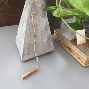 Gilded Wood Bar Lariat Necklace // Oak Wood and Copper Geometric, Y Style Delicate Dainty Minimalist image 5