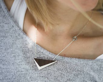 White Walnut Triangle Necklace // Geometric Wooden Pendent with Contrast Faceted Edges and Solid Silver  - asymmetrical minimal SHORT 19.5"