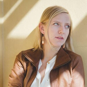 Gilded Mahogany Angle Earrings // Lightweight Wood Copper Leaf Accents, Rose Gold Geometric Drop Dangle image 3