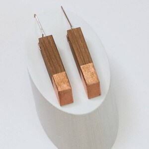 Gilded Mahogany Angle Earrings // Lightweight Wood Copper Leaf Accents, Rose Gold Geometric Drop Dangle image 9