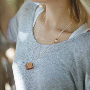 Gilded Geometric Cube Necklace // Mahogany Wood with Copper Leaf, Soft Cord and Copper 100% Hand-Crafted image 9