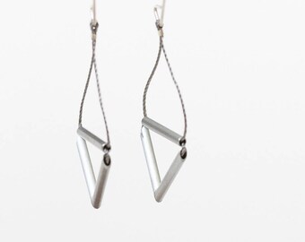 Pipe Earrings // Geometric Triangle Industrial Earrings with Aluminum Tube, Cording and Silver- minimal, metallic, industrial, modern