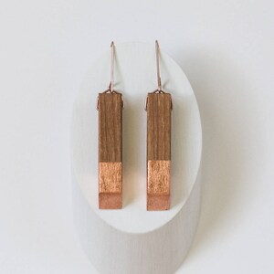 Gilded Mahogany Angle Earrings // Lightweight Wood Copper Leaf Accents, Rose Gold Geometric Drop Dangle image 4