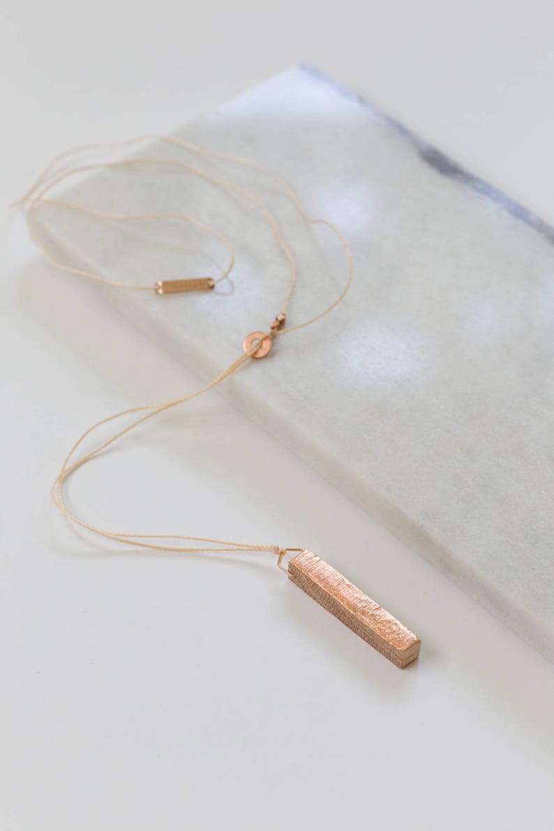 Gilded Wood Bar Lariat Necklace // Oak Wood and Copper Geometric, Y Style Delicate Dainty Minimalist image 3