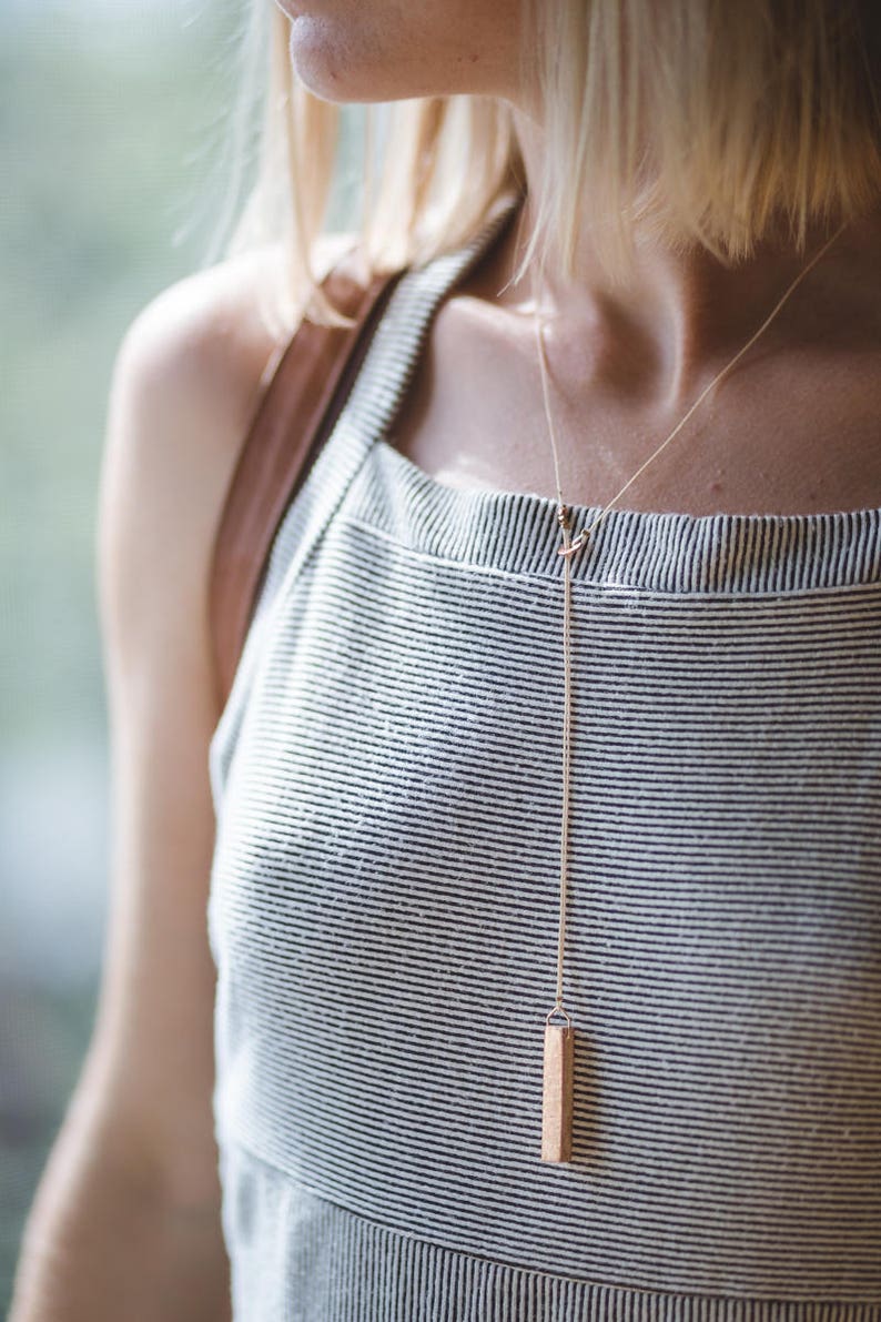 Gilded Wood Bar Lariat Necklace // Oak Wood and Copper Geometric, Y Style Delicate Dainty Minimalist image 7