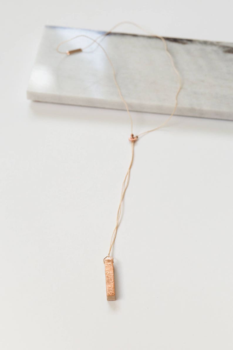 Gilded Wood Bar Lariat Necklace // Oak Wood and Copper Geometric, Y Style Delicate Dainty Minimalist image 2