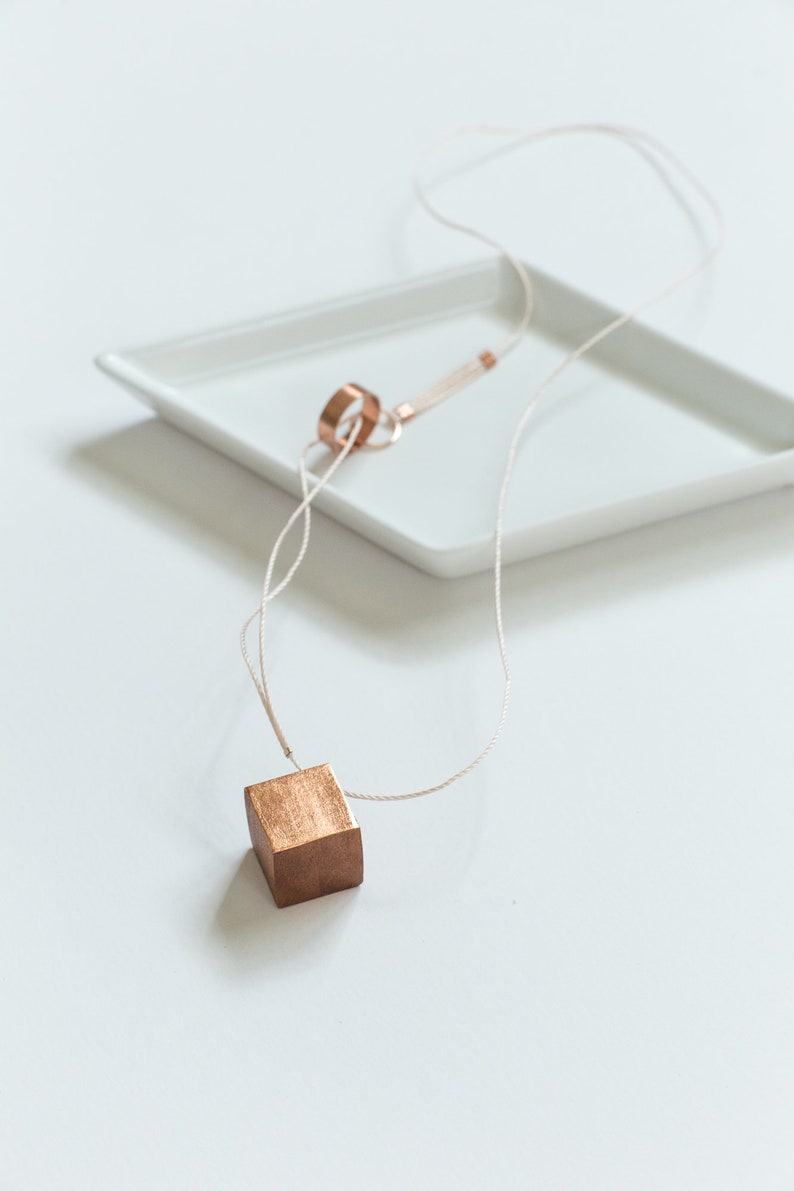 Gilded Geometric Cube Necklace // Mahogany Wood with Copper Leaf, Soft Cord and Copper 100% Hand-Crafted image 2