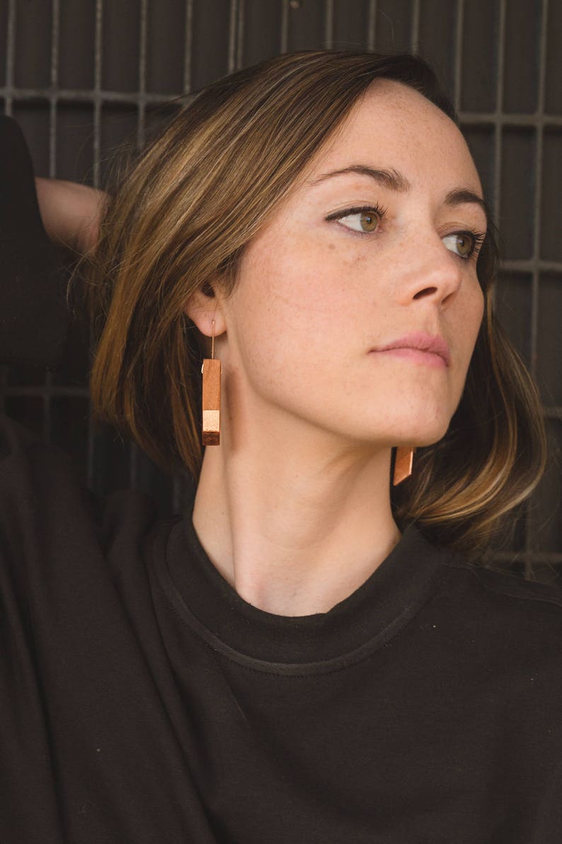 Gilded Mahogany Angle Earrings // Lightweight Wood Copper Leaf Accents, Rose Gold Geometric Drop Dangle image 2