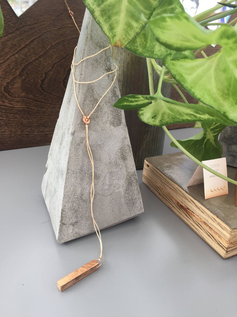 Gilded Wood Bar Lariat Necklace // Oak Wood and Copper Geometric, Y Style Delicate Dainty Minimalist image 5
