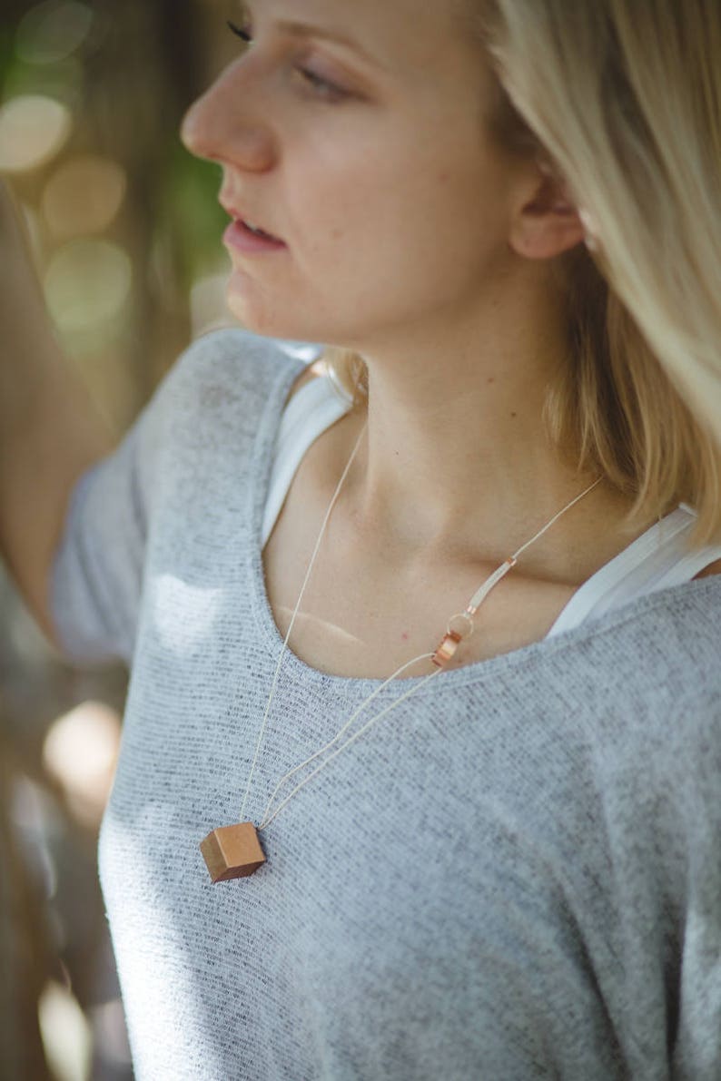 Gilded Geometric Cube Necklace // Mahogany Wood with Copper Leaf, Soft Cord and Copper 100% Hand-Crafted image 9