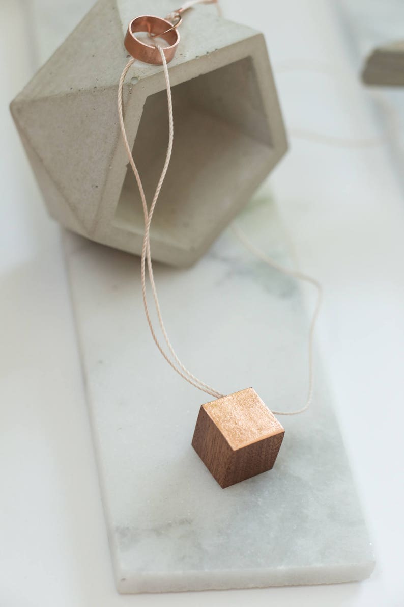 Gilded Geometric Cube Necklace // Mahogany Wood with Copper Leaf, Soft Cord and Copper 100% Hand-Crafted image 5