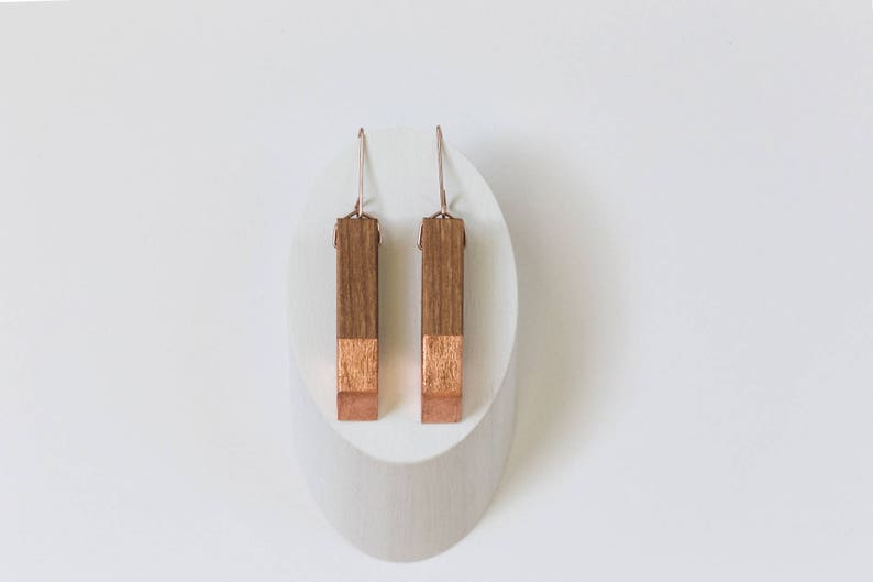 Gilded Mahogany Angle Earrings // Lightweight Wood Copper Leaf Accents, Rose Gold Geometric Drop Dangle image 4