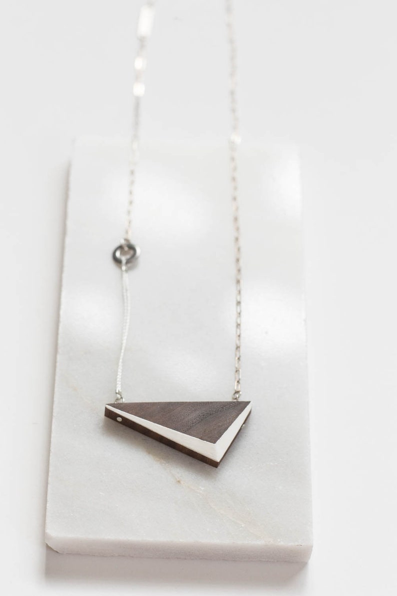 White Walnut Triangle Necklace // Geometric Wooden Pendent with Contrast Faceted Edges and Solid Silver asymmetrical minimal LONG 24 image 5