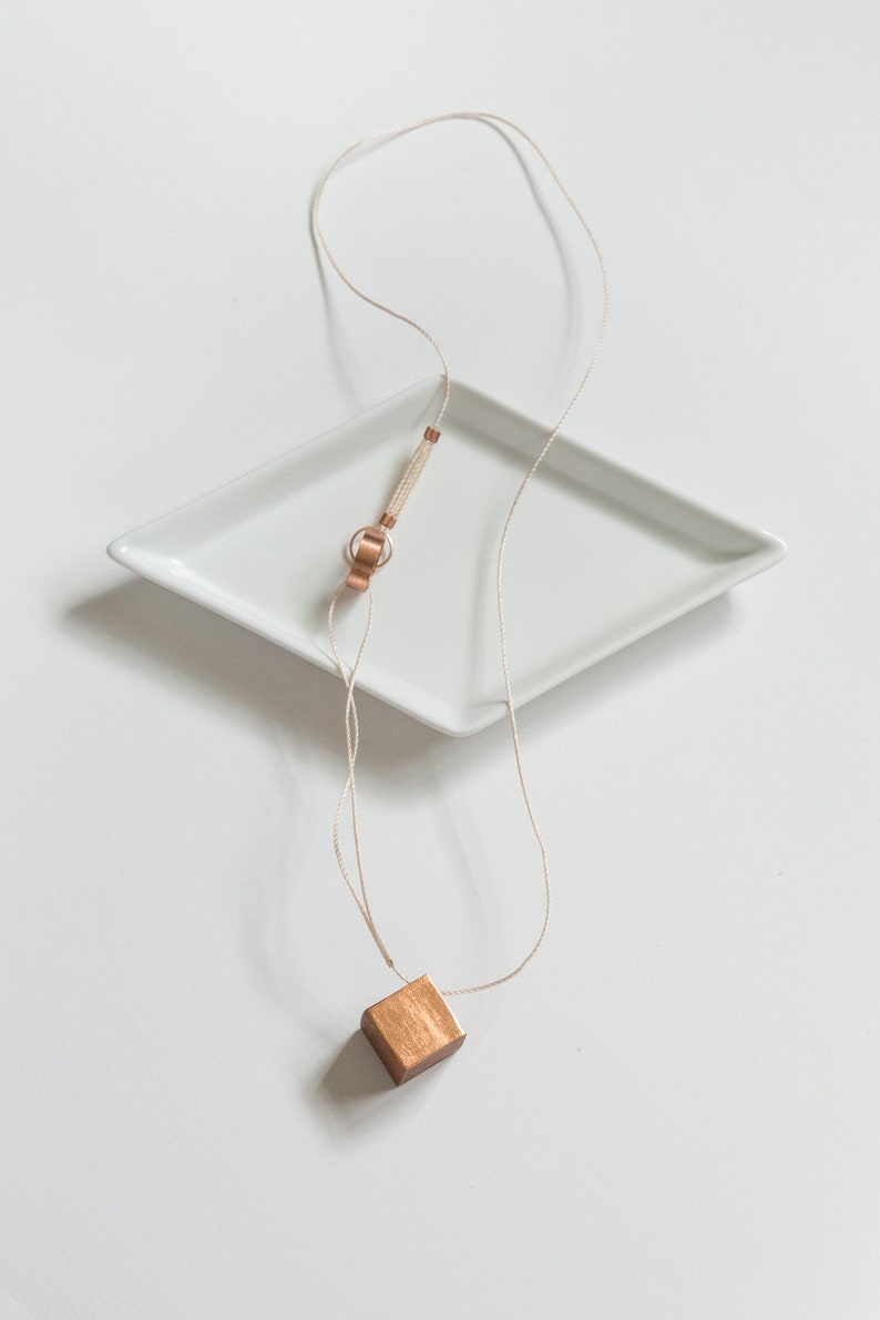 Gilded Geometric Cube Necklace // Mahogany Wood with Copper Leaf, Soft Cord and Copper 100% Hand-Crafted image 7