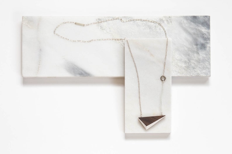 White Walnut Triangle Necklace // Geometric Wooden Pendent with Contrast Faceted Edges and Solid Silver asymmetrical minimal LONG 24 image 3