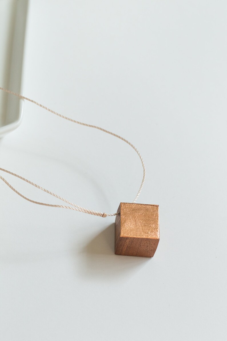 Gilded Geometric Cube Necklace // Mahogany Wood with Copper Leaf, Soft Cord and Copper 100% Hand-Crafted image 8