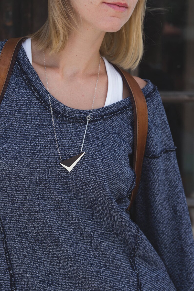 White Walnut Triangle Necklace // Geometric Wooden Pendent with Contrast Faceted Edges and Solid Silver asymmetrical minimal LONG 24 image 2