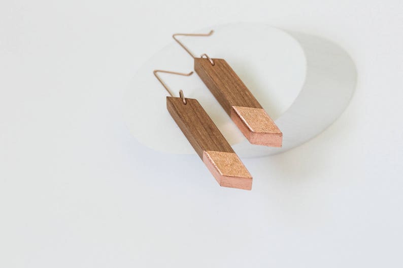 Gilded Mahogany Angle Earrings // Lightweight Wood Copper Leaf Accents, Rose Gold Geometric Drop Dangle image 5
