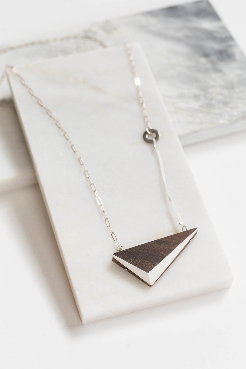 White Walnut Triangle Necklace // Geometric Wooden Pendent with Contrast Faceted Edges and Solid Silver asymmetrical minimal LONG 24 image 1