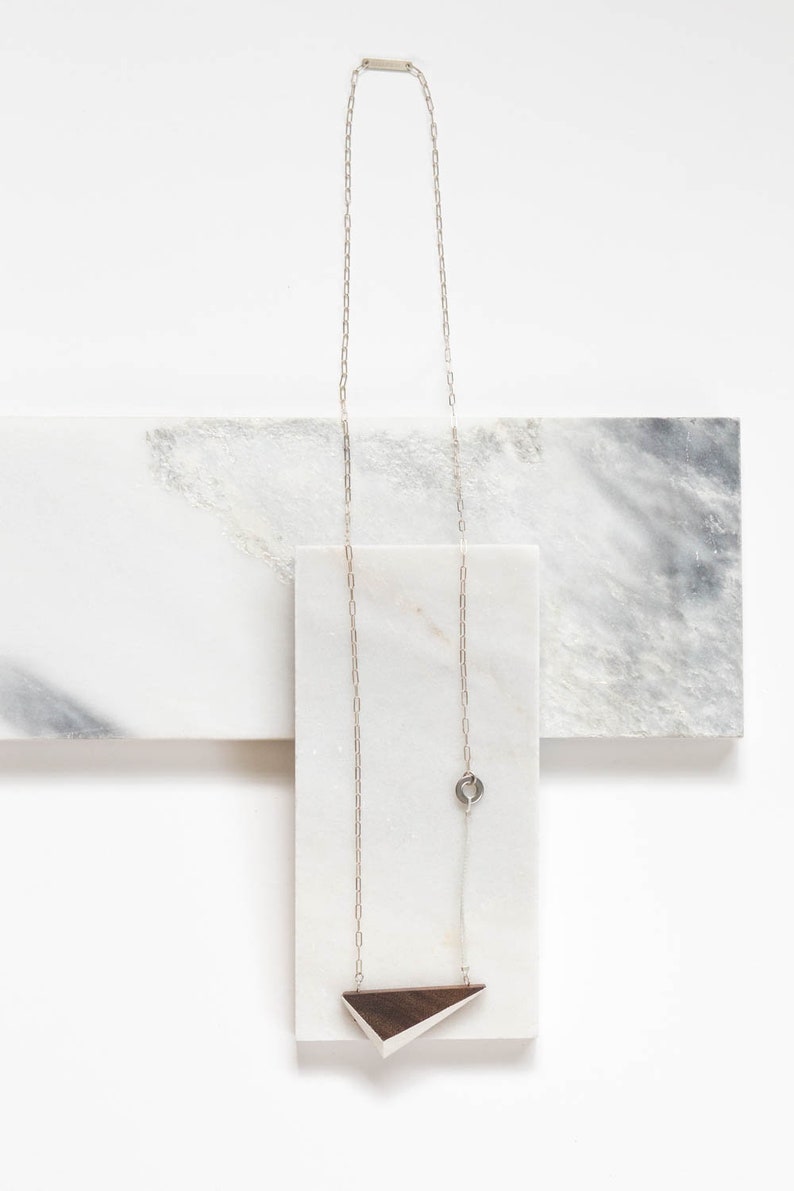 White Walnut Triangle Necklace // Geometric Wooden Pendent with Contrast Faceted Edges and Solid Silver asymmetrical minimal LONG 24 image 8