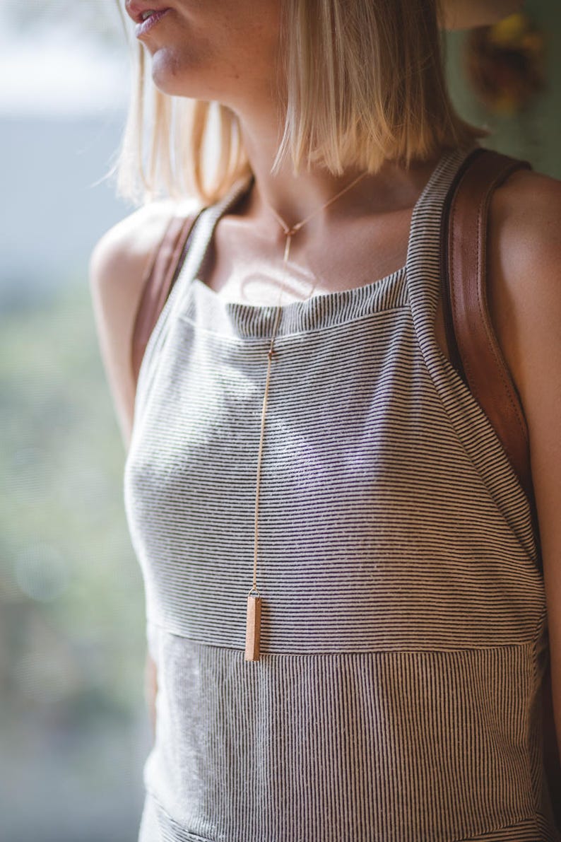 Gilded Wood Bar Lariat Necklace // Oak Wood and Copper Geometric, Y Style Delicate Dainty Minimalist image 1