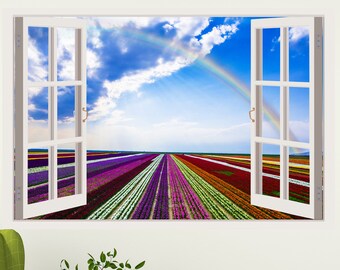 3D Window rainbow Decal,  Window Frame, 3D Wall Decor, flower Wall Decals, Vinyl Stickers, Wall Stickers, Peel and Stick vinyl W32