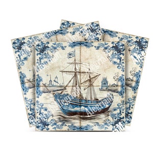 Puede incluir: Cuatro azulejos de cerámica azul y blanco con un borde decorativo de flores estilizadas. Cada azulejo presenta una ilustración detallada de un barco de vela con una vela blanca y un casco azul. El barco navega en un mar azul y blanco con una ciudad en el fondo.