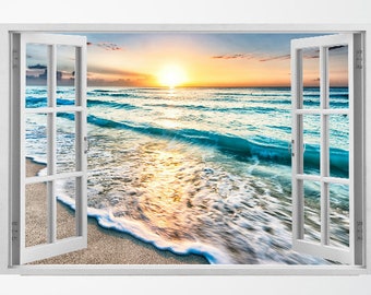 Beach Tropical View Window 3D Wall Decal Removable Wallpaper Mural Sticker Vinyl Home Decor West Mountain Poster Water Seascape Top view W50