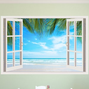 3D Window Beach Decal, Plam Murals 3D Wall Decor, Vinyl Wall Decals ...