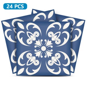 May include: 24 blue and white patterned tile stickers. Each sticker features a white floral design on a blue background.