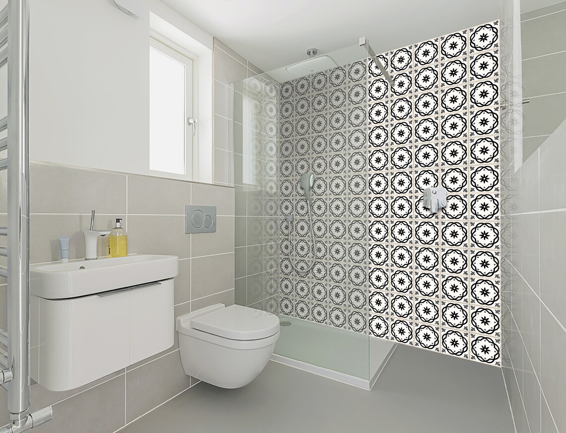 Set of 24 Black and White Tiles Decals Bathroom Flowers - Etsy