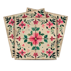 May include: Set of three square ceramic tiles with a floral pattern. The tiles feature pink flowers with green leaves on a beige background.