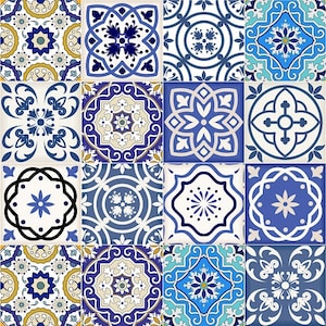 May include: A collection of 16 blue and white patterned tiles with intricate floral and geometric designs. The tiles are arranged in a grid pattern.