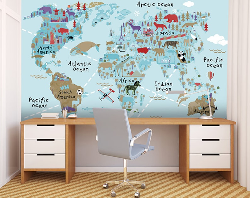 Wallpapers Map of the World Wall Decal World Map for Kids Wall Etsy