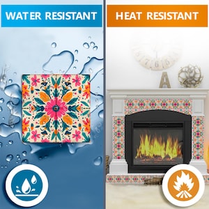 May include: Water resistant and heat resistant decorative tile stickers with a colorful floral pattern. The stickers are shown on a blue background with water droplets and on a white fireplace with a fire.