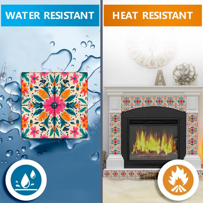 May include: Water resistant and heat resistant decorative tile stickers with a colorful floral pattern. The stickers are shown on a blue background with water droplets and on a white fireplace with a fire.