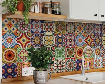 DIY Set of 24 vintage mural mexican Tiles Decals bathroom stickers mixed Tiles for walls Kitchen home decor D