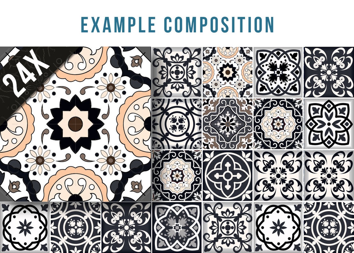 Black and white design 24 tile stickers Mexican Talavera style Etsy