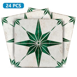May include: 24 pack of green and white star-shaped peel and stick floor tiles. The tiles have a distressed look and are perfect for adding a touch of vintage style to any room.