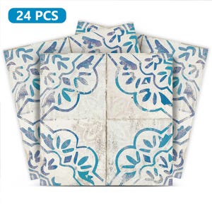 May include: 24 blue and white patterned tile stickers. The tiles have a distressed look and feature a floral design.
